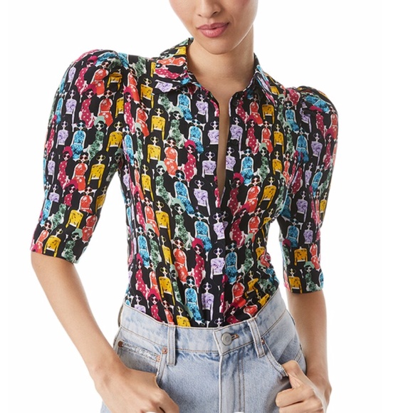 ALICE + OLIVIA Willa Puff Sleeve Silk Top